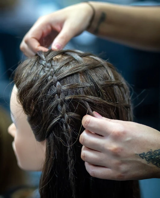 Hairdresser weaving an elaborate braid into a mannequin's hair. Hairdresser weaving an elaborate braid into a mannequin's hair.